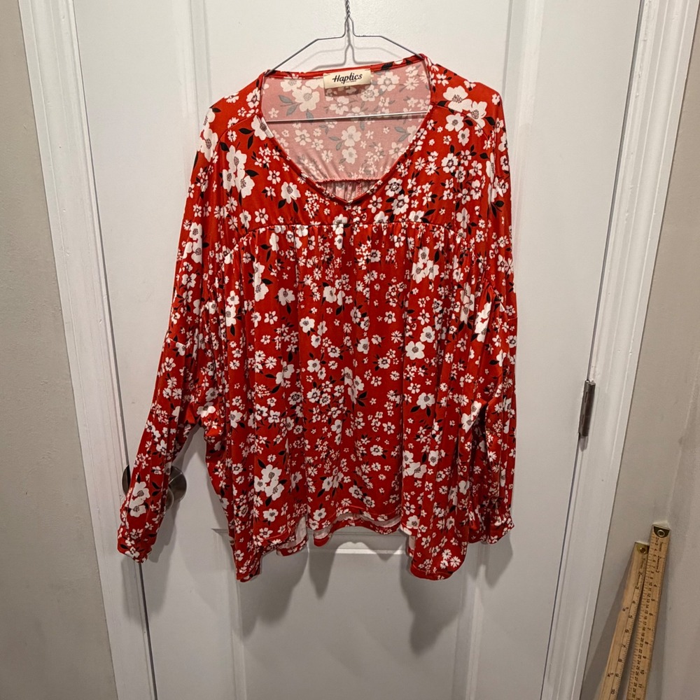 Haptics Women Blouse Red Floral Long Sleeve V-Neck Top Size 2XL
